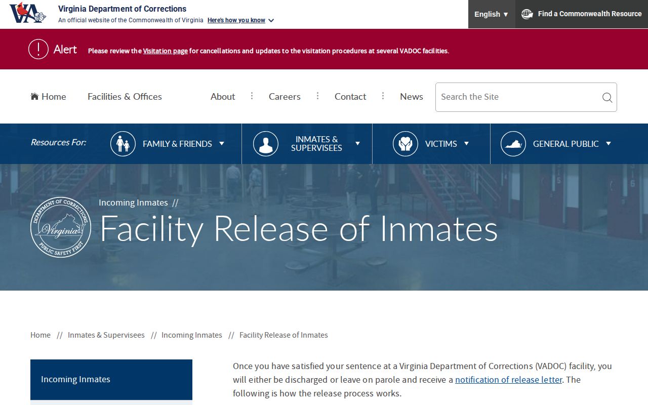 Surry County state inmate release date VADOC facility release process